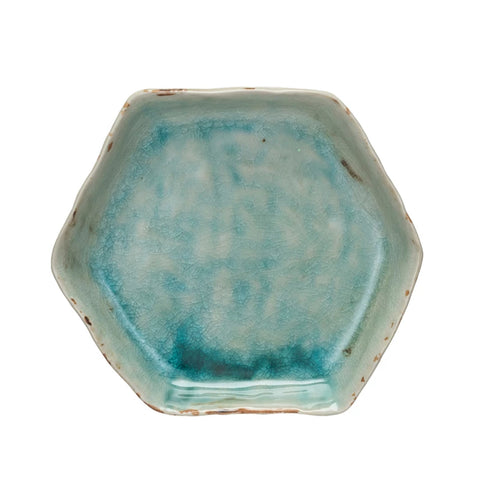 Aqua colored hexagon shaped stoneware dish.