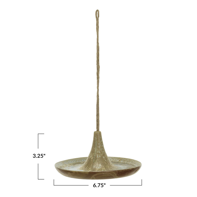 Measurements of the stoneware bird feeder with jute string.