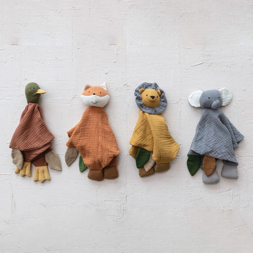A duck, fox, lion and elephant snuggle plush for babies. 