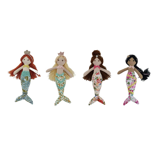 Fabric mermaid doll with floral pattern tail and four different hair colors. 