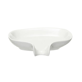 Stoneware white soap dish with a drip spout for drainage. 