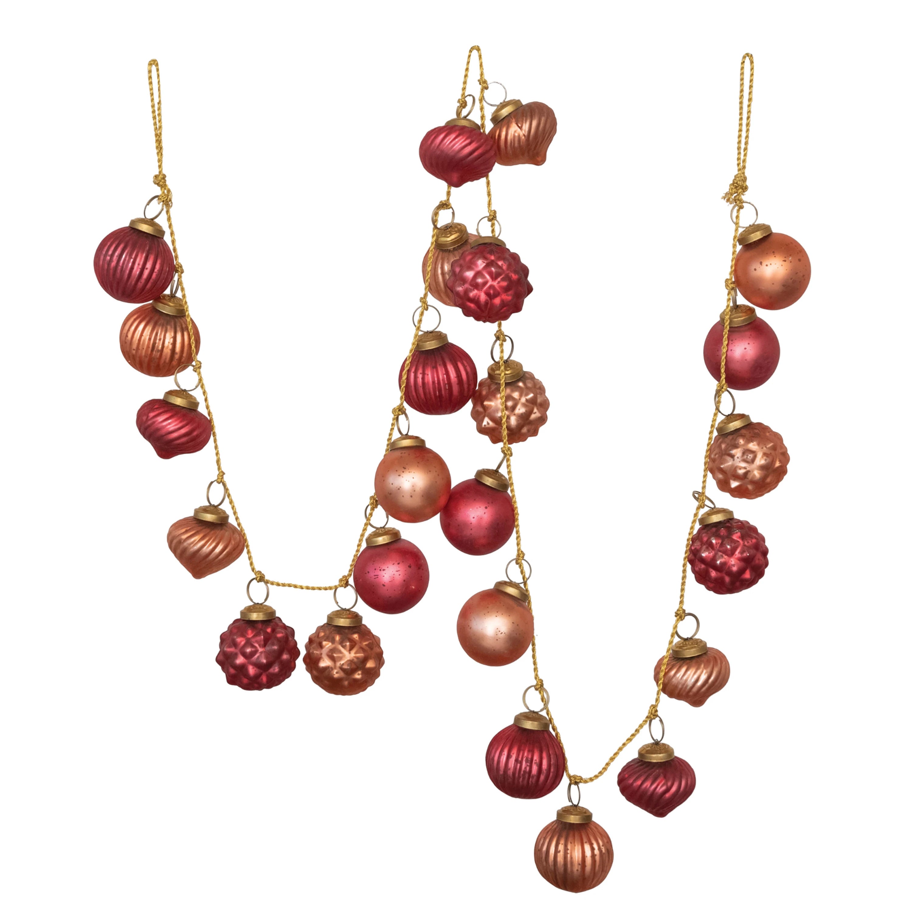 Embossed glass ornaments in shades of pink on a golden string