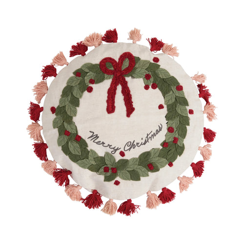 Beautifully embroidered and appliqued round cushion with wreath and Merry Christmas.