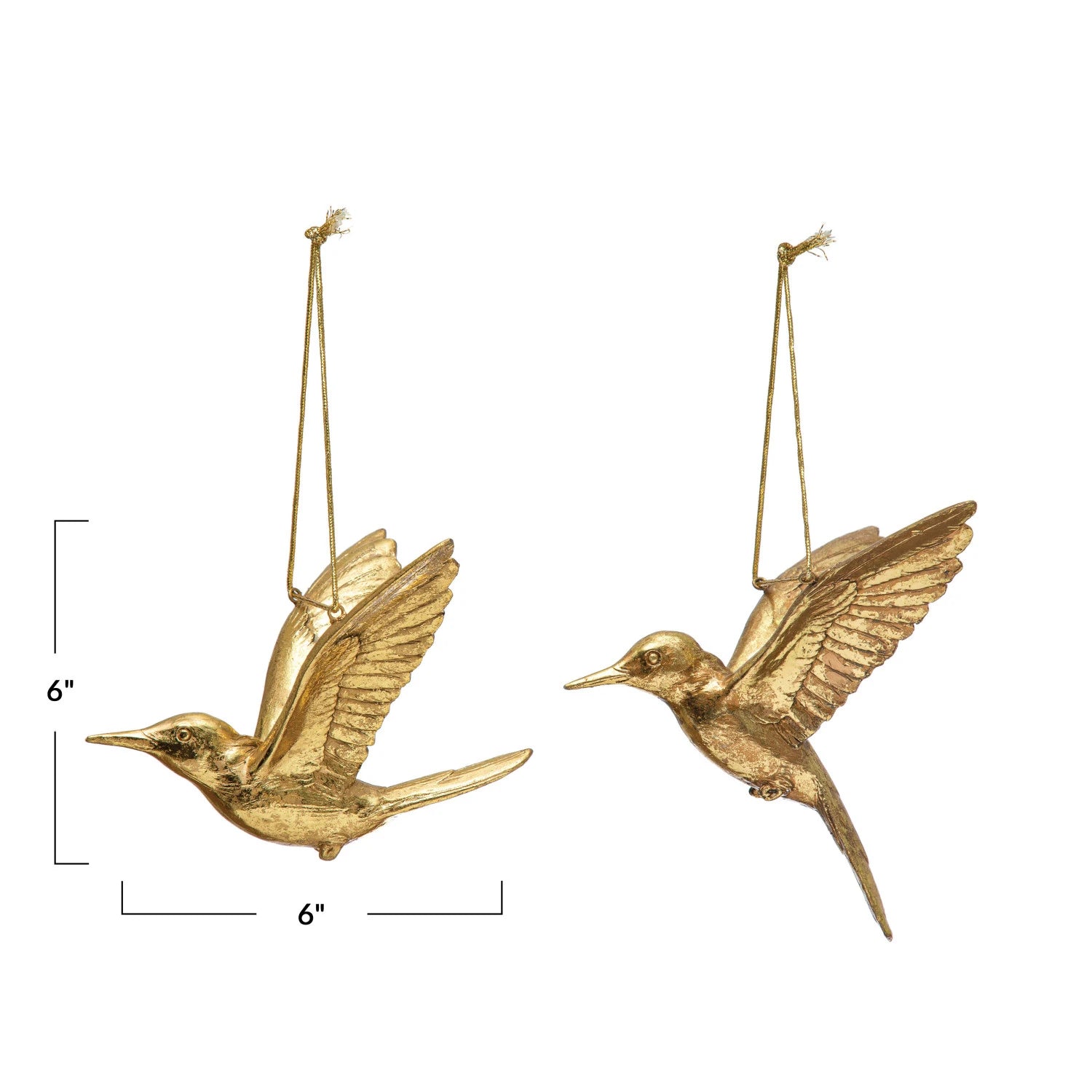 Measurements of the unique gold finish resin hummingbird ornaments. 