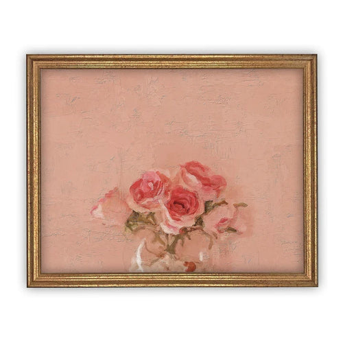 Vintage artwork on canvas with a bouquet of roses in shades of pink and a textured pink background. 