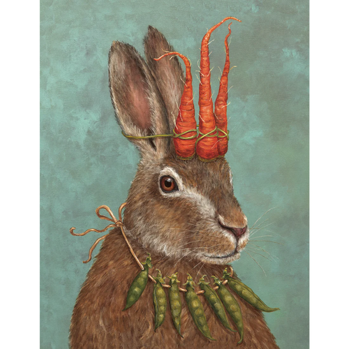 Garden rabbit prince card with carrot crown.