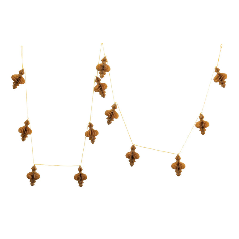 Recycled paper honeycomb garland with finials in a chestnut brown color with gold glitter. 