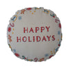 Embroidered pillow with happy holidays and seasonal icons. 
