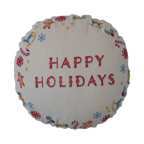 Embroidered pillow with happy holidays and seasonal icons. 