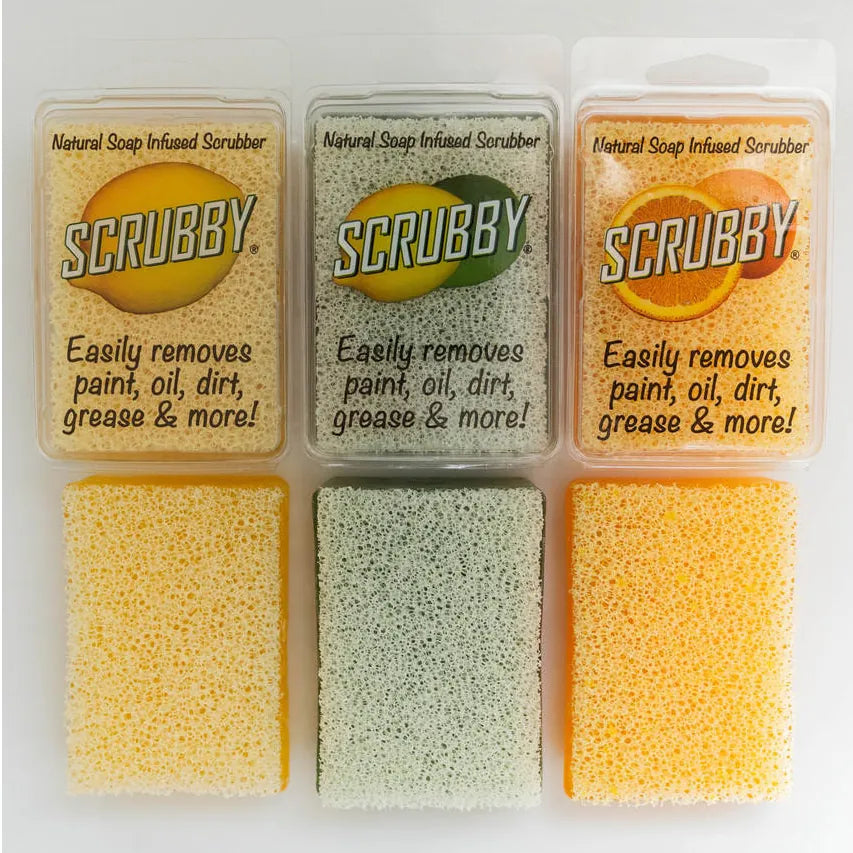 Dirt, paint and oil removing Scrubby Soap in 3 scents.