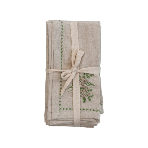 Set of 4 cotton and linen blend napkins tied with ribbon. 