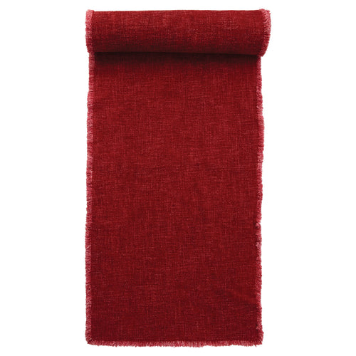 Red linen blend table runner with frayed edges, perfect for the holidays.
