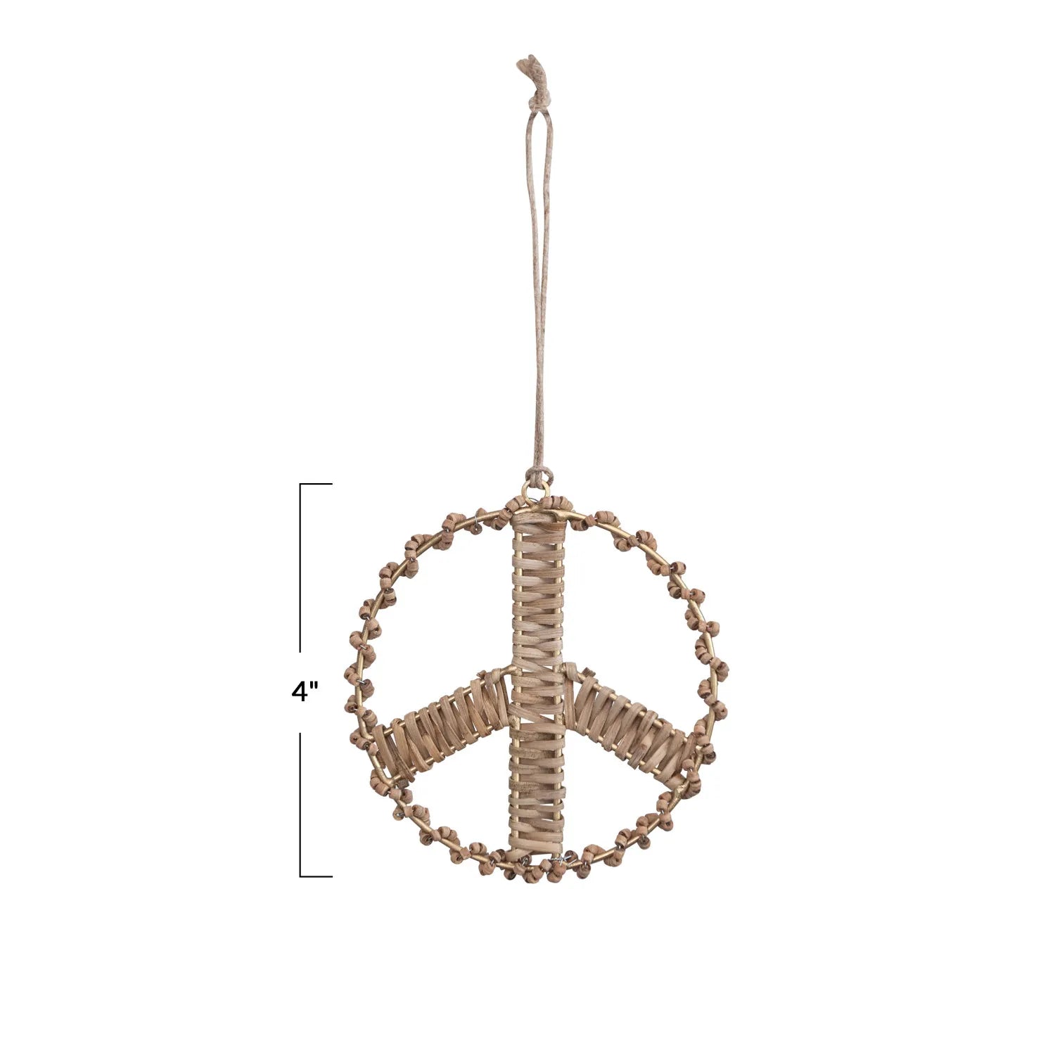Peace sign ornament made of mango wood and rattan measures 4" high. 