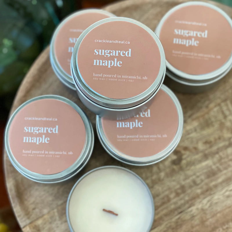 Sugared maple candle with wood wick in a tin can. 