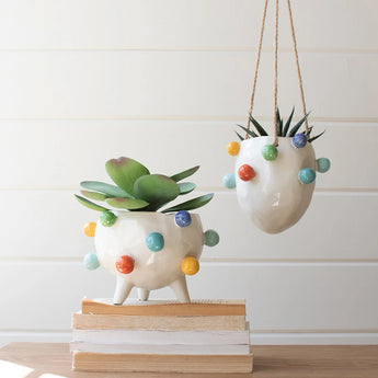 Hanging Ceramic Planter with Colorful Bubbles and matching standing planter