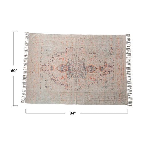 Measurements of the chenille distressed print rug with fringe.