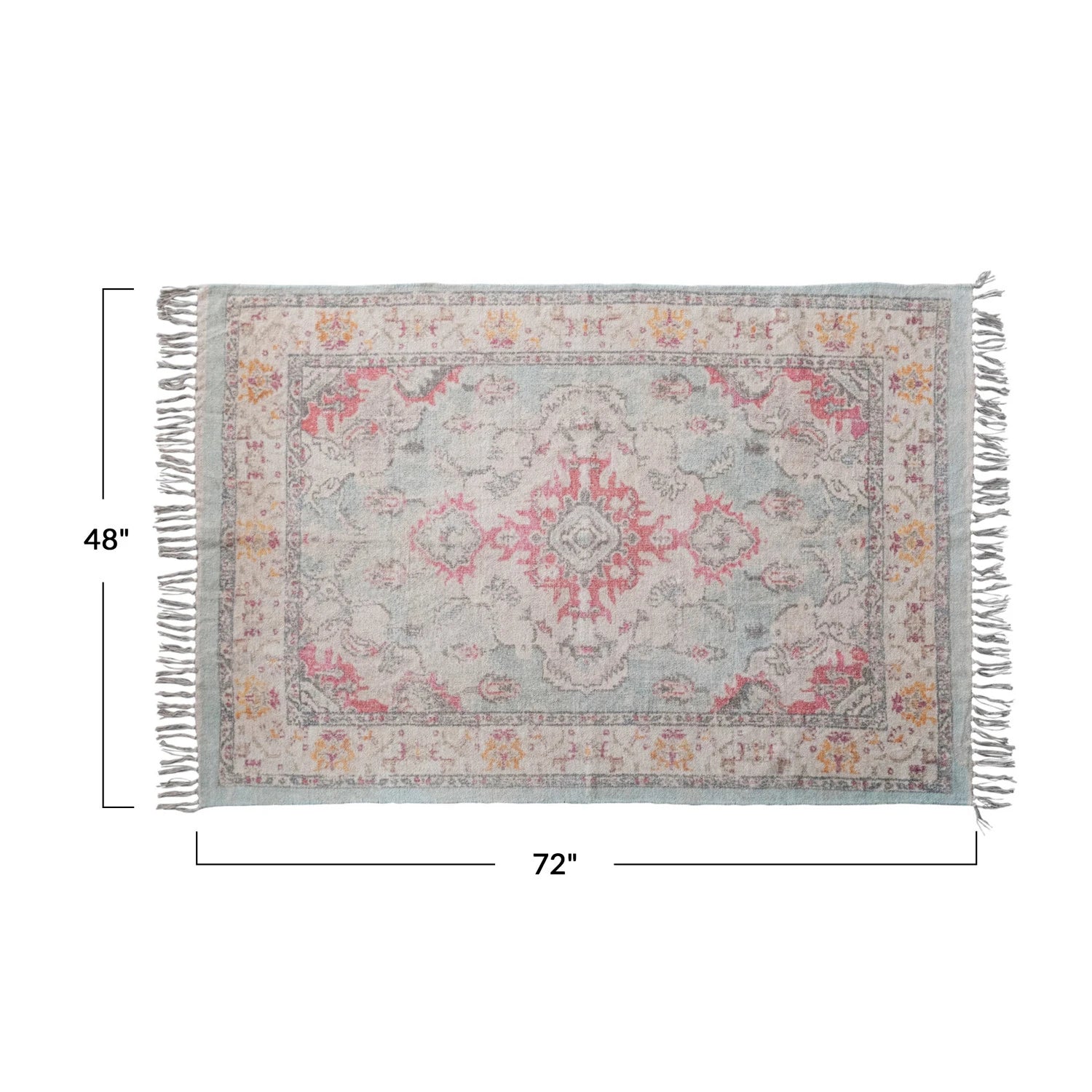 Measurements of th cotton chenille distressed print rug with fringe.
