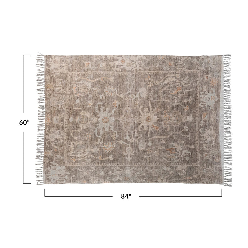 Measurements of the cotton chenille distressed print rug with fringe. 