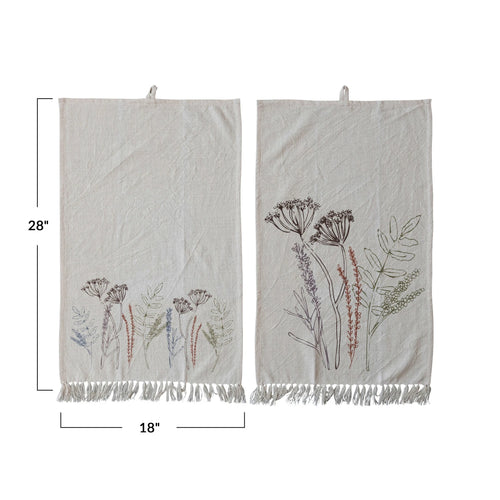 Measurements of the Cotton printed kitchen towel with assorted flowers and fringe.