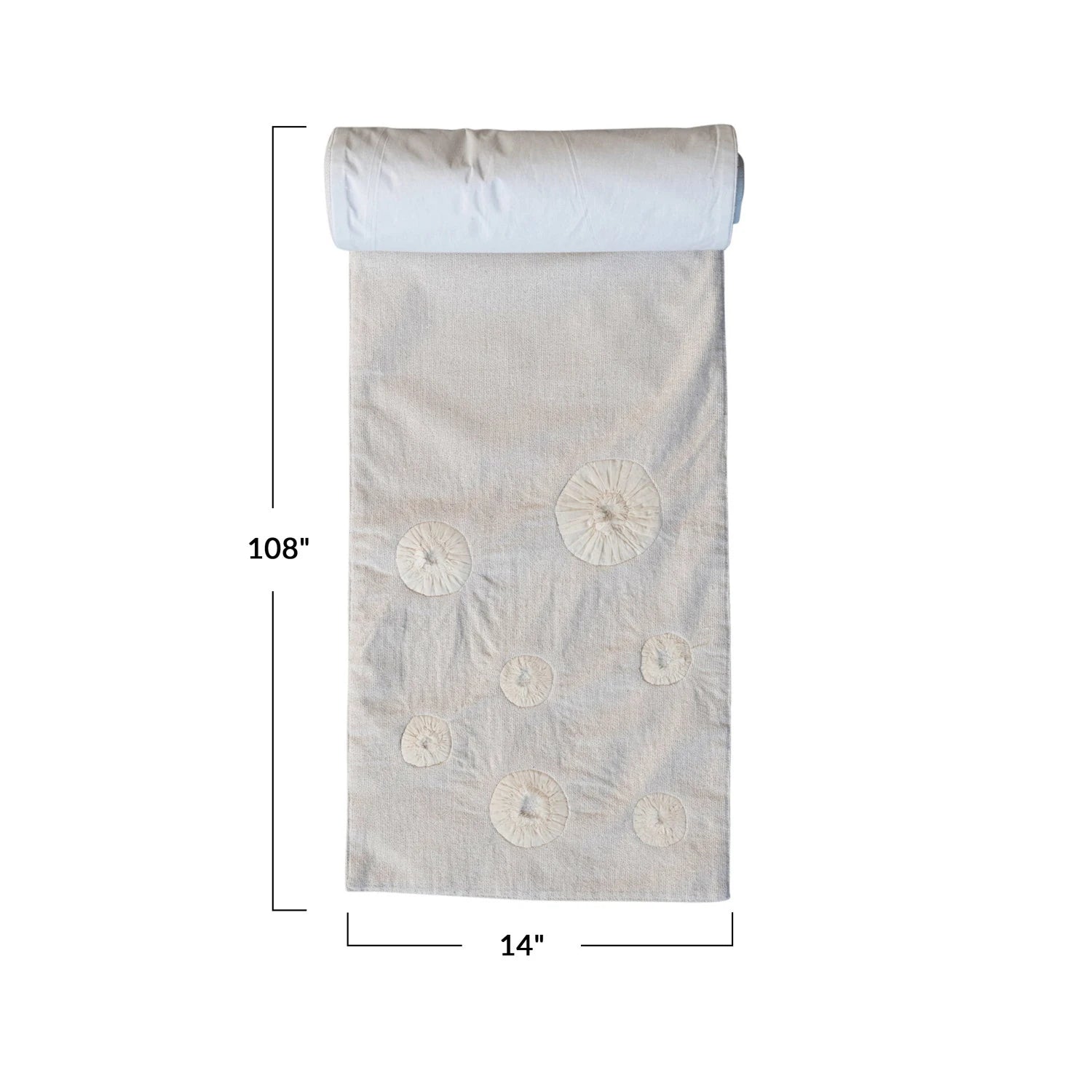 Measurements of the Handmade woven cotton and linen table runner with applique.