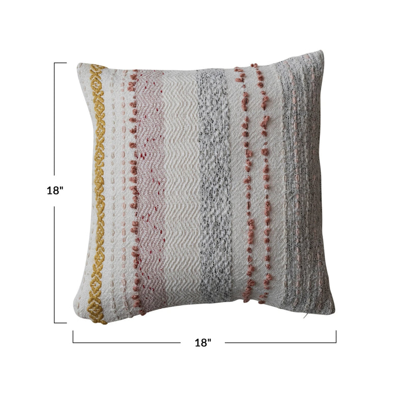 Measurements of Square woven cotton blend pillow with stripes and embroidery.