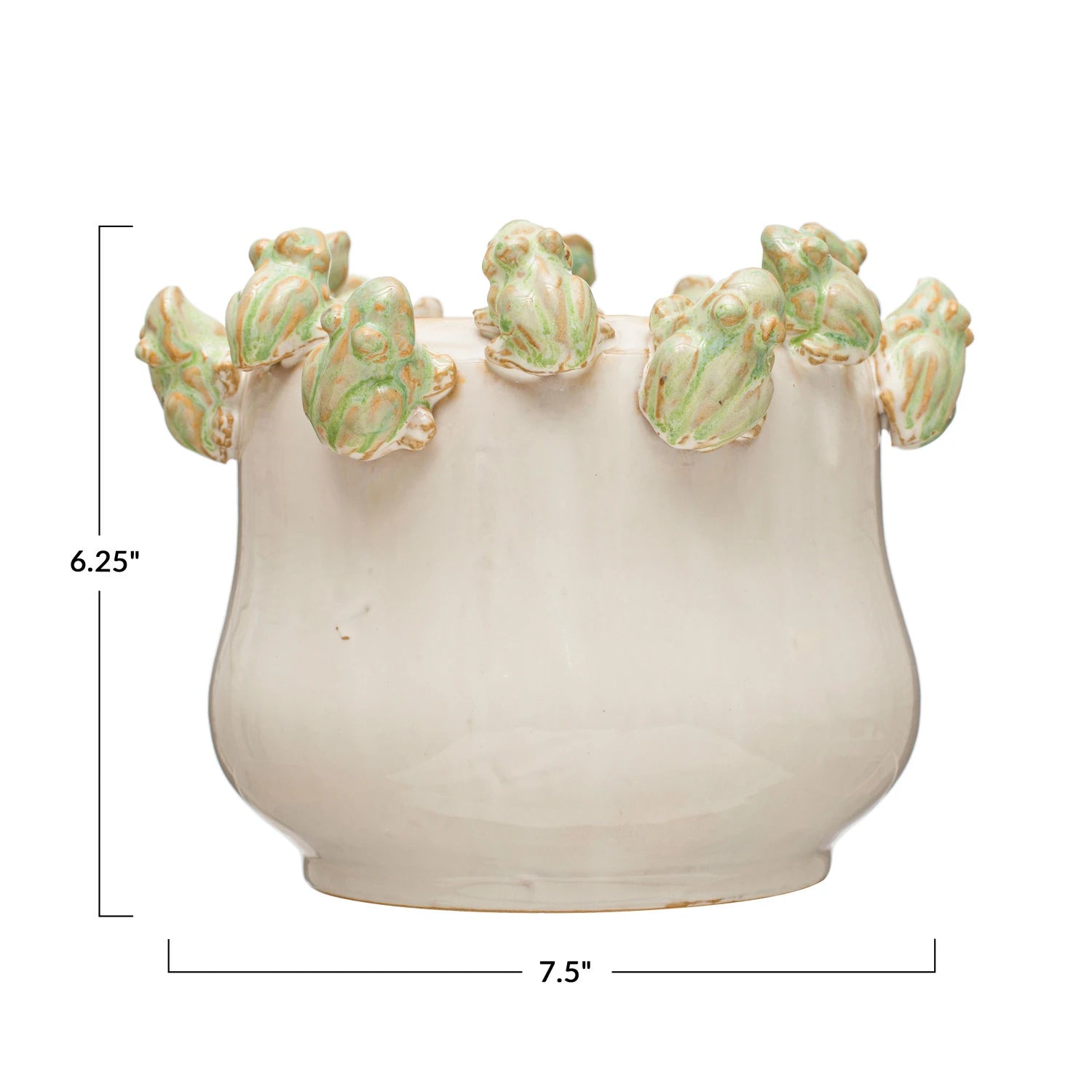 Measurements of the stoneware planter with frogs on rim.