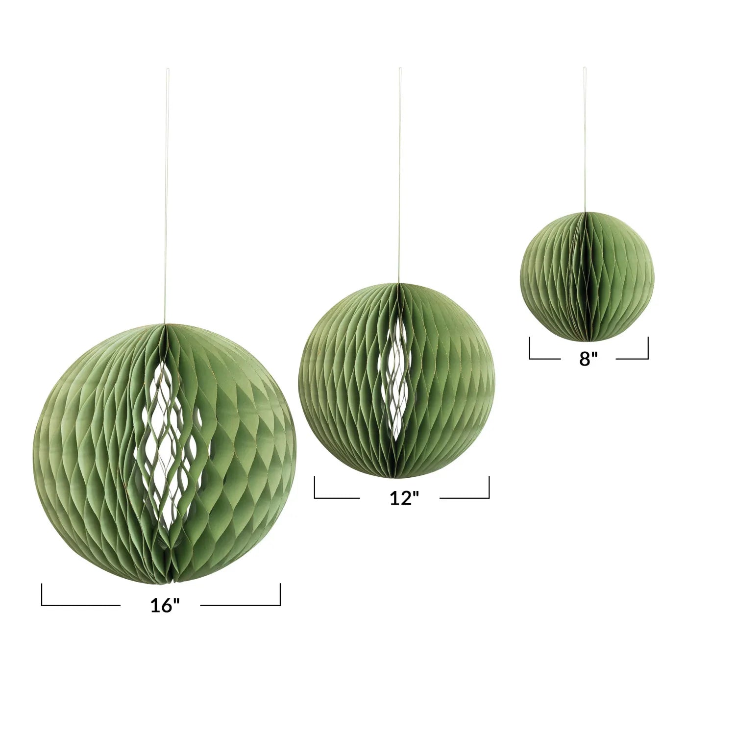Green paper ornament balls shown in 3 different sizes. 