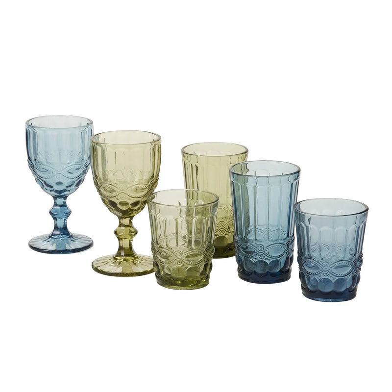 Vintage inspired Momento drinkware in different shapes and sizes, green and blues. 