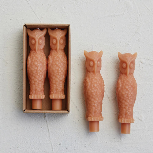 Blush coloured owl taper candles in a box, set of 2. 