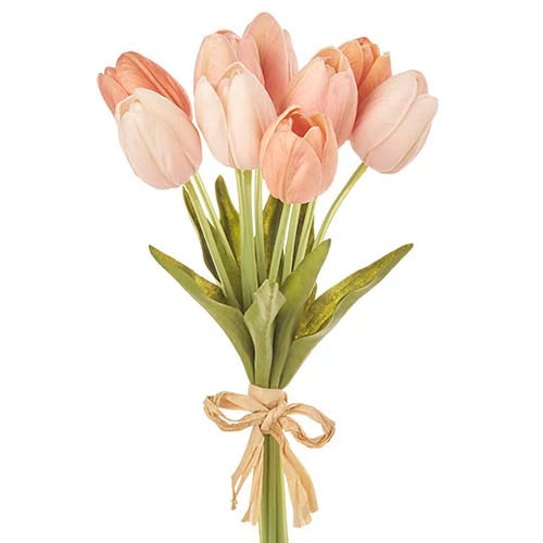 Bundle of real touch tulips wrapped with brown paper ribbon in pale pink. 