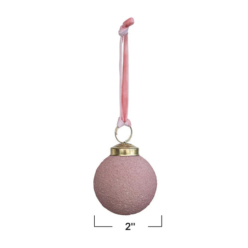 2 inch pink textured glass ball ornament with pink velvet hanger.