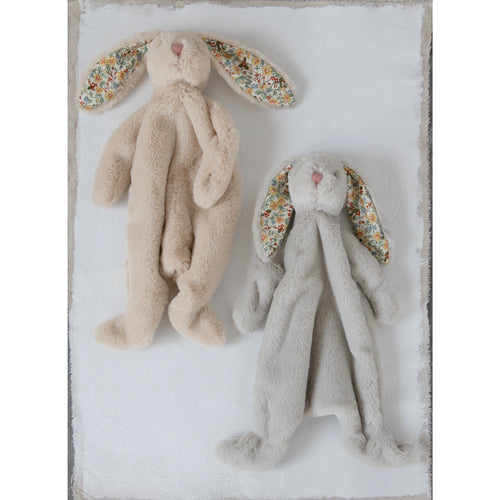 Two plush  bunny snuggle toys with floral printed ears.
