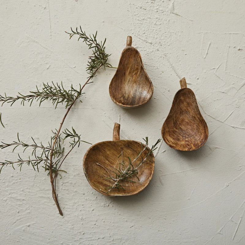 Pear and pumpkin wood bowls.