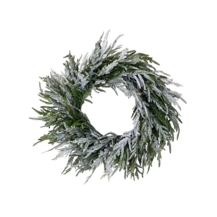 Weepy Norfolk Pine Wreath with Snowy White Flocked Branches.