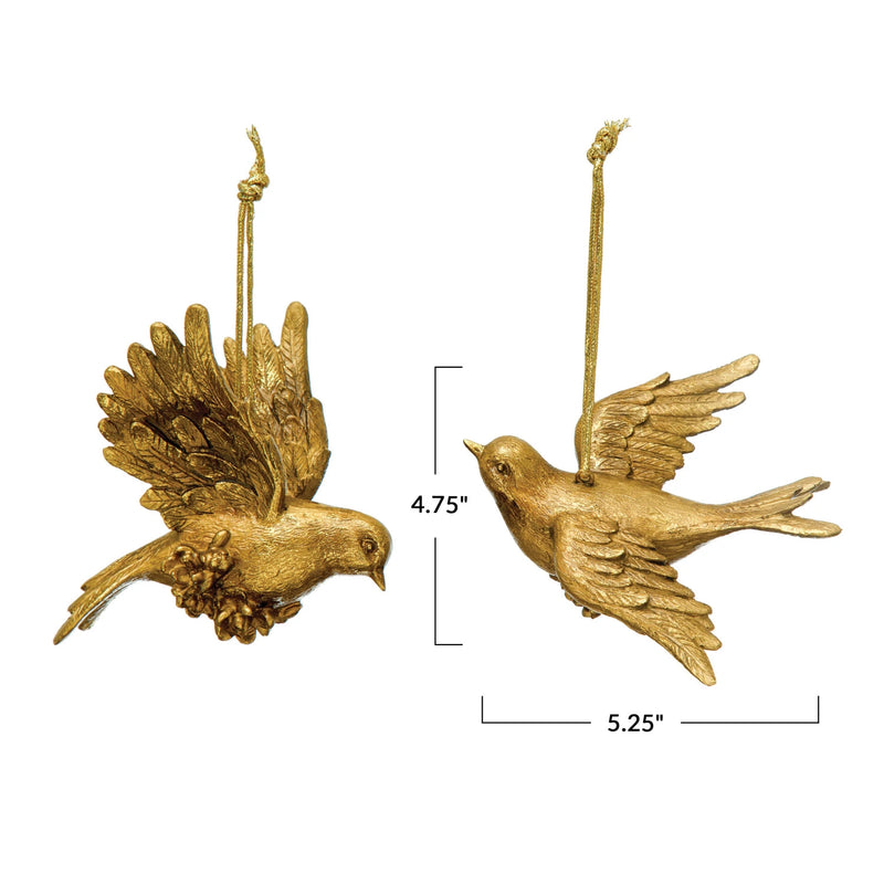 Measurements of the resin dove ornament with golden finish. 