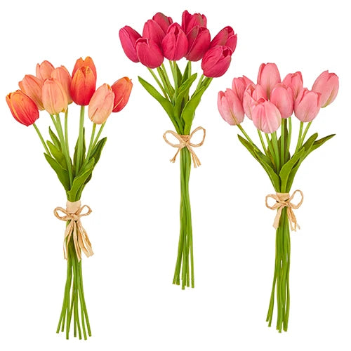 Real touch tulip bundles in rich variegated hues of orange, pale and dark pink. 