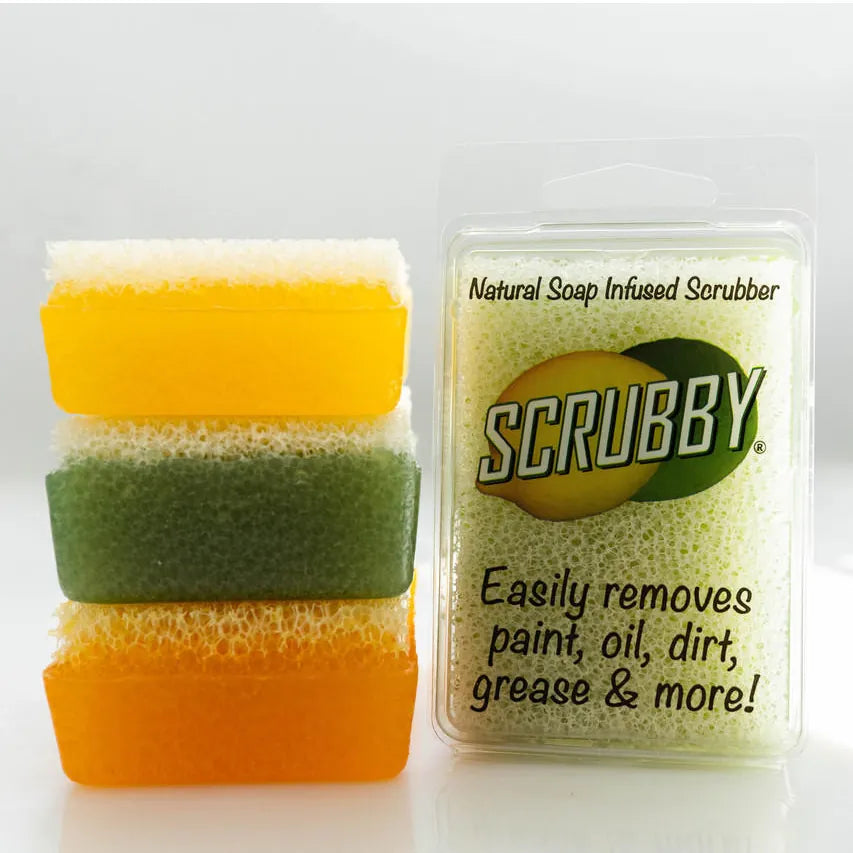 Scrubby Soap packaging with 3 bars of soap stacked. 