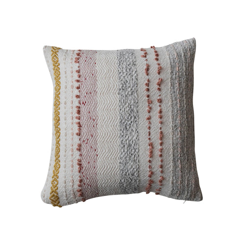 Square woven cotton blend pillow with stripes and embroidery.