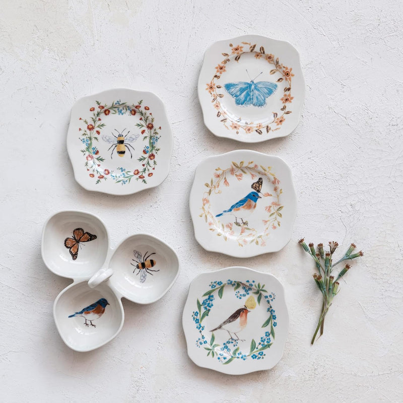 French country inspired stoneware including the Stoneware Dish with 3 Sections and coordinating plates. 