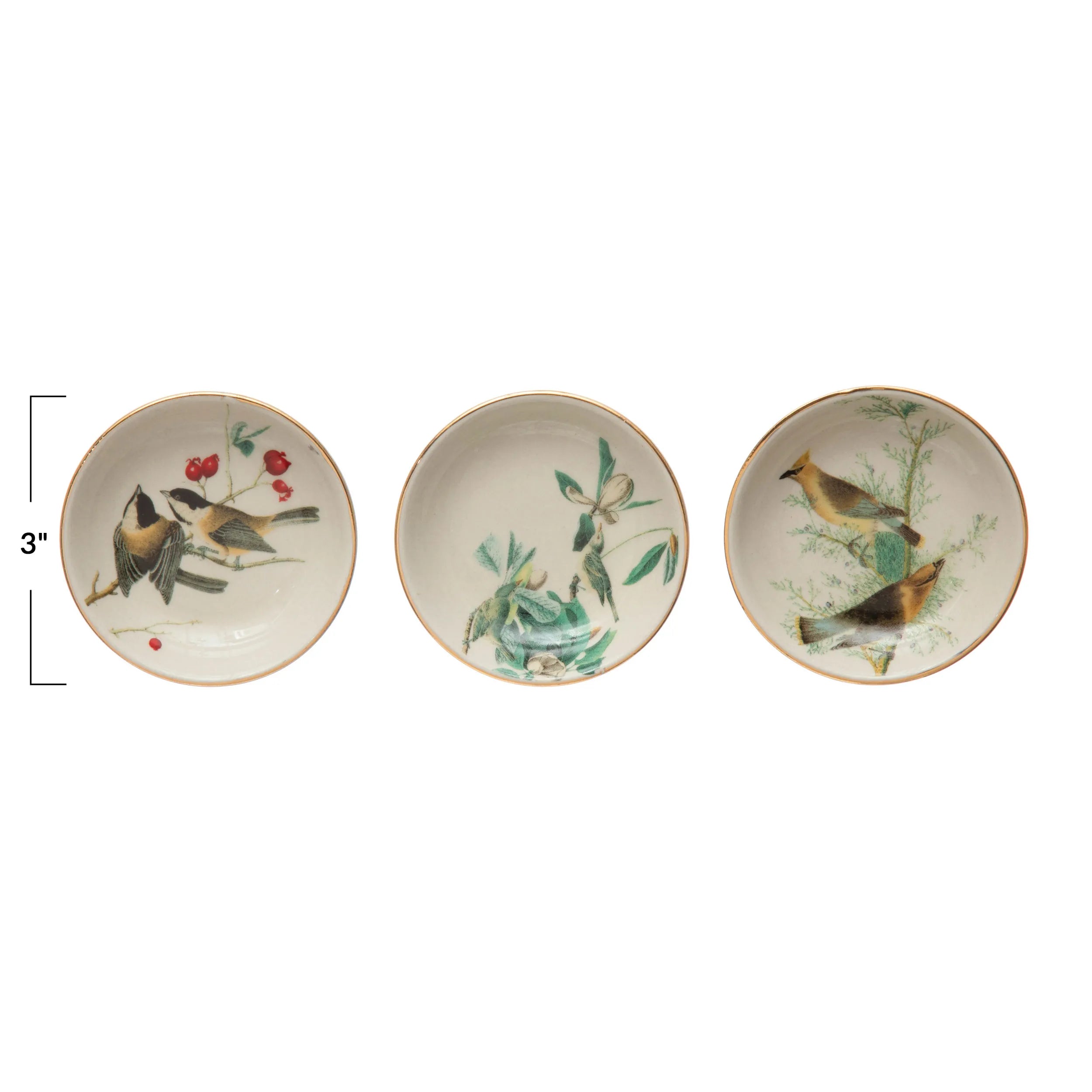 Vintage style plates with birds showing size of 3" round.