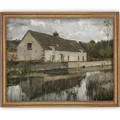 Vintage reproduction print of a French farm with a stone buidling near a body of water. 