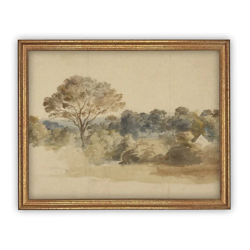 Lanscape scene artwork printed on canvas with an antique gold wood frame. 