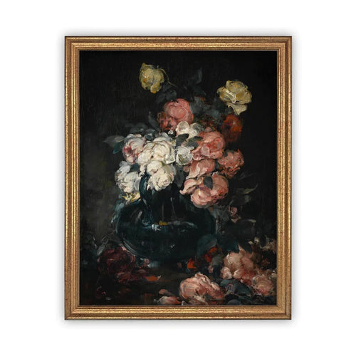 Gold framed vintage artwork of a white, pink and yellow peony roses arranged in a vase. Background is dark and moody.