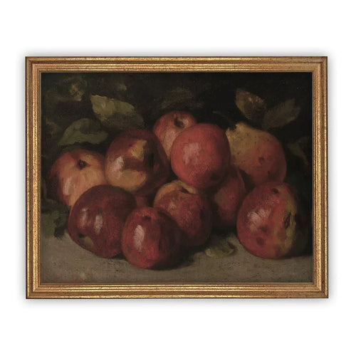 Vintage fruit artwork featuring red apples and pears, dark background. 
