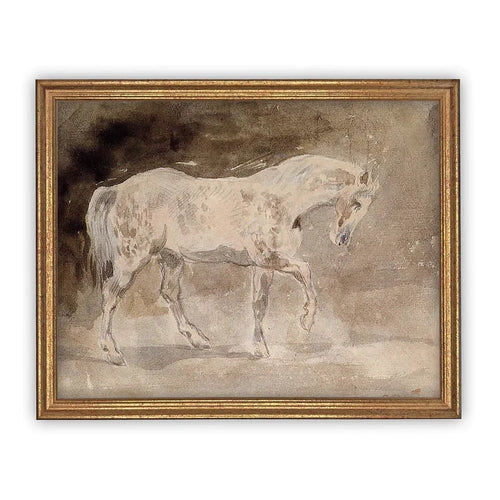 Antique gold framed artwork on canvas of a white horse. 
