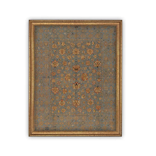  Vintage reproduction Persian tapestry artwork in blues, orange and gold featuring florals. Antique gold frame.