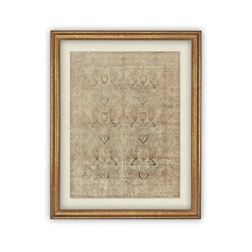 Vintage reproduction artwork of a Persian tapestry in neutral earth tones, in a gold antiqued wood frame.