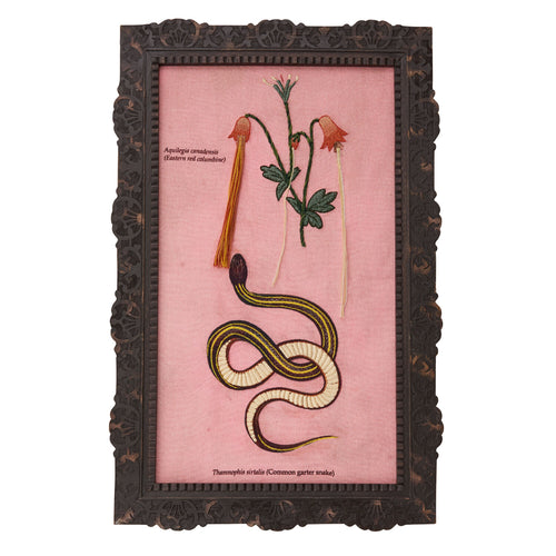 Cotton embroidered artwork in an antique carved frame. 