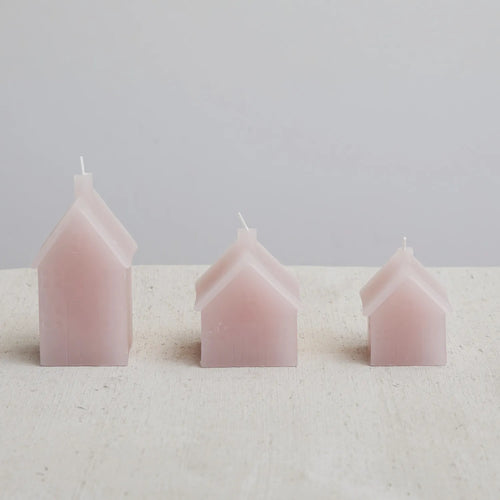 Lavender Wax Candles in 3 sizes on table. 