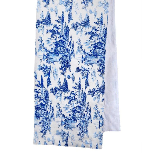 Toile table runner, 72 inch long in white and blue.